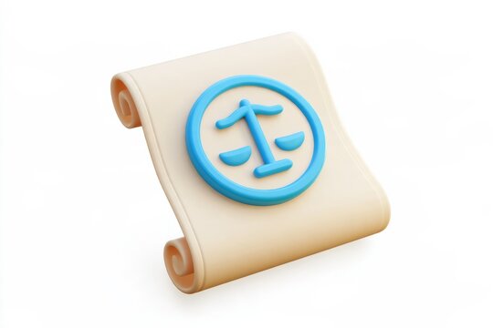 3D law scroll document with justice scales balance icon isolated on white background. Minimal matte claymorphism legal policy agreement.