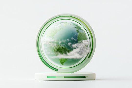 3D globe earth with orbital ring cloud and sun icon isolated on white background. Minimal matte claymorphism global eco logistics concept.