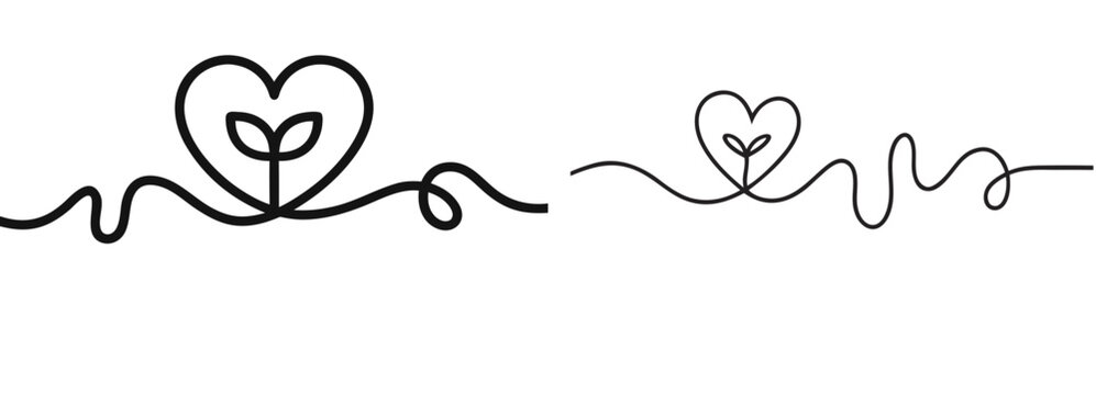 Eco Friendly Heart Plant Sprout Continuous Line Art Vector Set