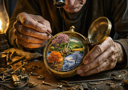 An elderly clockmaker delicately uses precision tools to craft a intricate pocket watch displaying four miniature seasons inside its dial. Surreal master craftsmanship, time passage concept