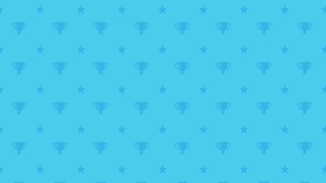 A pattern of blue trophies and stars floating on a light blue background.