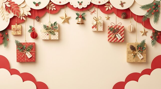 Christmas background 3D render with festive hanging gift boxes, ornaments, and copy space