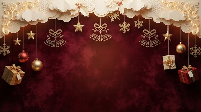 Christmas background 3D render with festive ornaments, gift boxes, and copy space