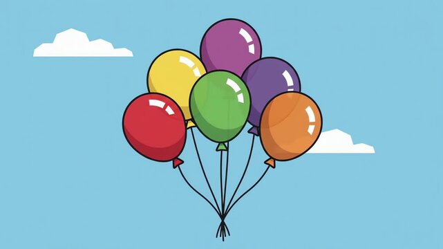 Colorful floating balloons tethered together rising upward in this bright animated vector motion video clip