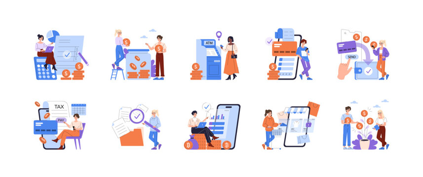 Financial Activities Vector Illustrations with Characters