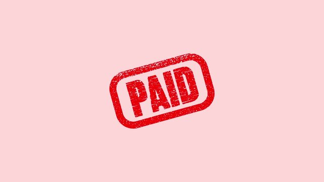 Paid stamp animation with grunge red texture on soft pink background, for business and, finance projects