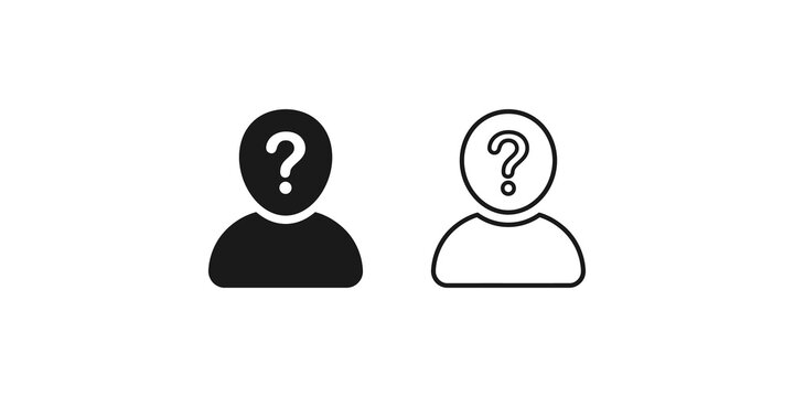 Unknown user profile silhouette icon set with question mark symbol for identity mystery.