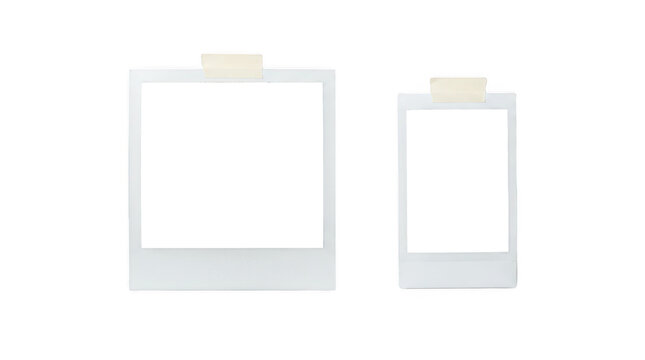 Two empty polaroidstyle photo frames taped to a transparent background