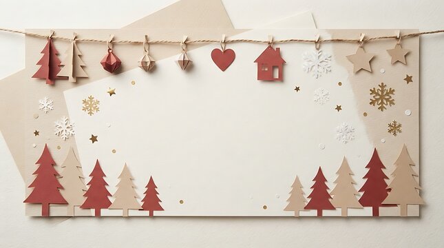 Christmas background with paper art pine trees, hanging ornaments and snowflakes, blank copy space