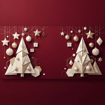 Christmas background 3D render with paper art trees, golden ornaments, and copy space