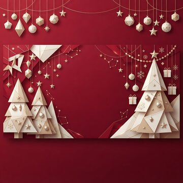 Christmas background 3D render with origami paper trees and hanging gold ornaments on red