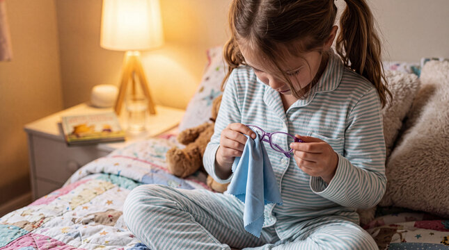 Little girl cleaning her glasses with a microfiber cloth before bedtime in a cozy room