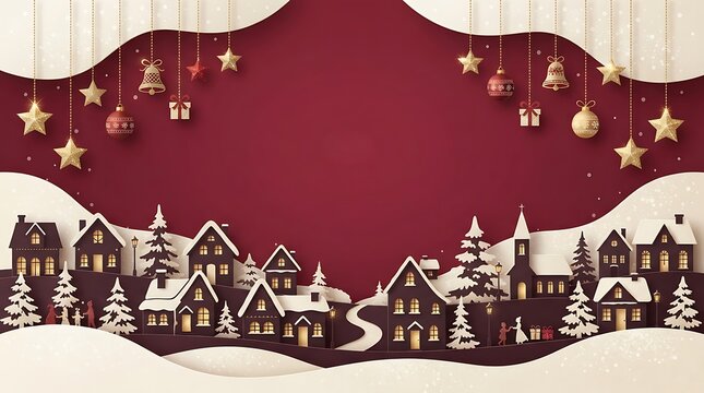 Christmas background 3D illustration with snowy village, hanging ornaments, and red copy space