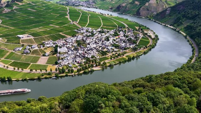 Luftaufnahme der malerischen Moselschleife bei Minheim mit einem eleganten Flusskreuzfahrtschiff auf dem Wasser, umgeben von gr&uuml;nen Weinbergen im Sommer.
