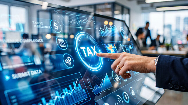 Hand pressing a digital tax button on a blue interface representing taxation, tax payment, financial obligations, and government revenue collection