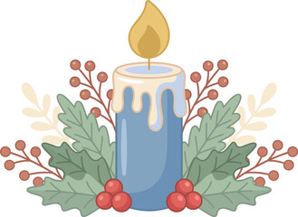 Obraz premium Festive candle illustration with holly and berries on a white background