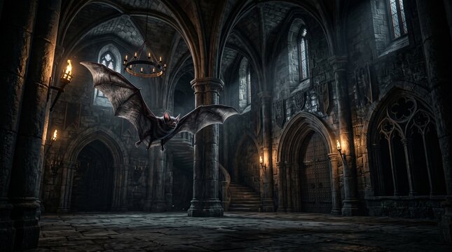  Gothic vampire bat flying inside a dark medieval castle with stone walls and cinematic lighting