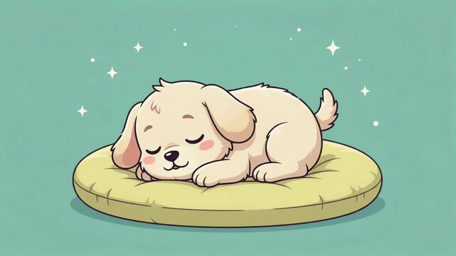 Sleeping puppy animation character resting peacefully on soft yellow cushion footage