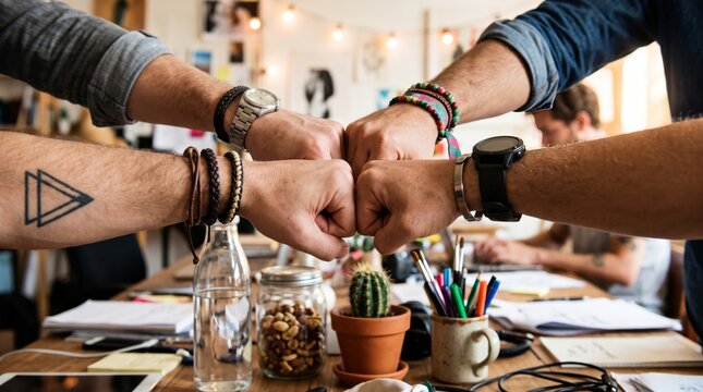 Diverse team members performing a celebratory fist bump to signify strong professional collaboration and office unity
