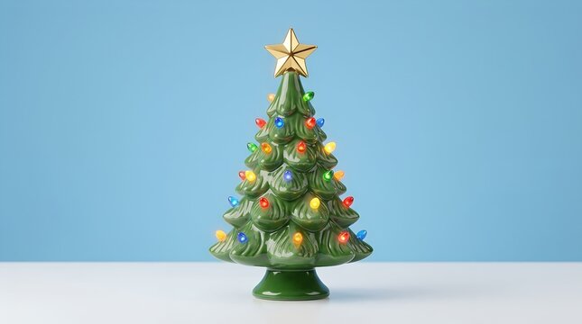 Vintage ceramic Christmas tree with colorful lights, retro tabletop holiday decoration with gold star, nostalgic green porcelain fir tree on blue background