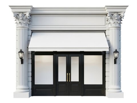 Elegant black double door with awning and lanterns