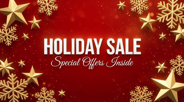 Holiday Sale banner with gold stars and snowflakes on red background, festive Christmas promotion background, seasonal special offers advertisement