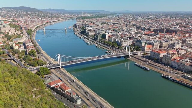 Budapest, Hungary cityscape with the Danube, Hungarian Parliament, Buda Castle and Chain Bridge, urban riverbanks and boats in summer captured in an aerial panorama.