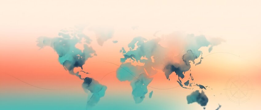 Abstract world map silhouette with a soft gradient background and ample copy space for presentation