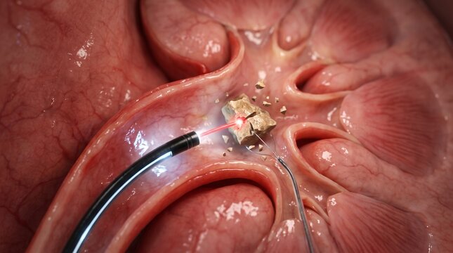 Laser lithotripsy kidney stone removal procedure, 3D medical rendering