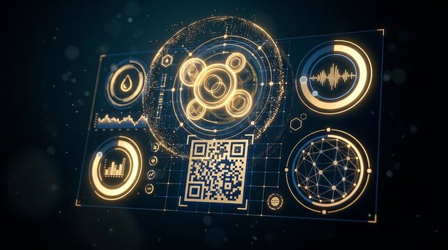 Floating Holographic Digital Cryptocurrency Wallet Interface with Gold Coin Icons and QR Pattern on Black Background Blockchain Fintech Concept