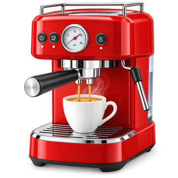 Modern red espresso coffee machine making fresh coffee into white cup with espresso maker cappuccino maker barista equipment kitchen appliance