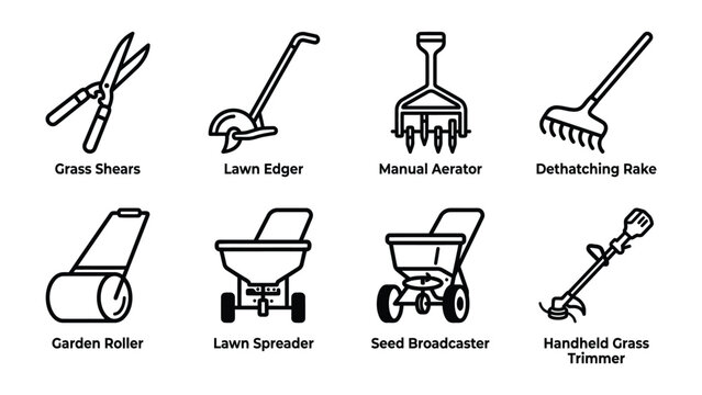 Lawn Care Tools Collection: A set of eight essential tools for maintaining a healthy lawn, including grass shears, lawn edger, manual aerator, dethatching rake, garden roller, lawn spreader.