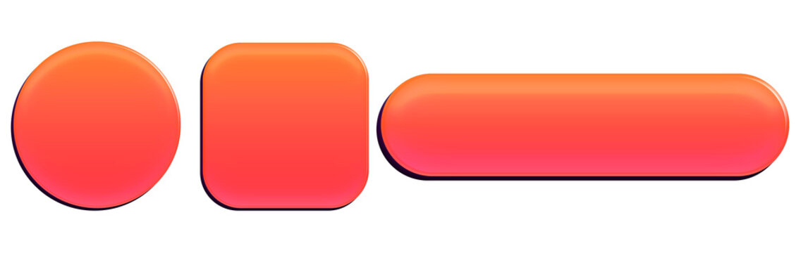 Set of 3D Glossy UI Button Set PNG Orange Red Gradient Circle Square Pill Shapes Transparent Background