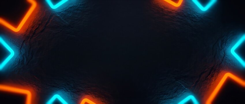 Abstract dark background with glowing neon orange and blue square frames and central copy space