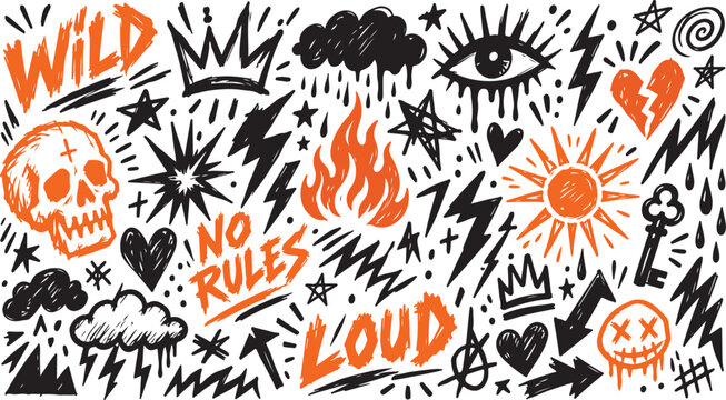 Collection of hand-drawn graffiti elements including skulls hearts and lightning bolts representing rebellion and urban art for design projects