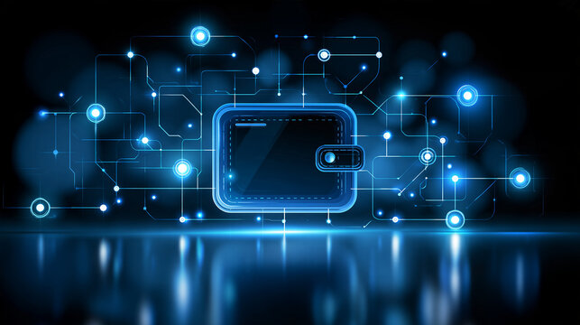 Abstract blockchain-inspired financial network with luminous connected nodes surrounding a generic digital wallet, decentralized finance, secure transactions, fintech