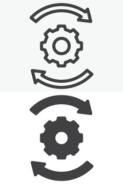 Arrows and gears icon with cogwheel between circular arrows. Line outline and solid icon in different style, editable stroke vector sign and symbol for process.