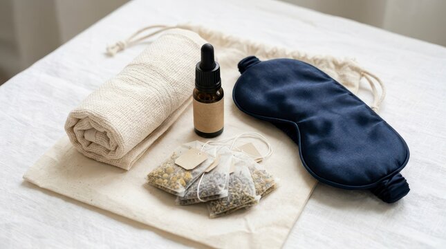 Wellness Travel Kit with Essential Oils Herbal Teas Sleep Mask and Organic Towel on Textured Surface