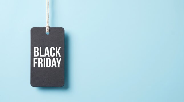 A hanging black friday sale tag is displayed against a light blue backdrop offering generous space for adding promotional text or messaging