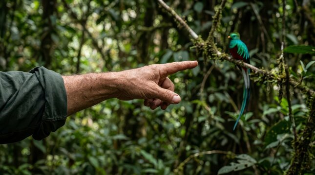 Person Pointing at a Colorful Quetzal Bird Perched on a Branch in a Lush Tropical Forest Environment