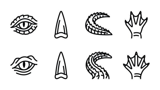 Reptile Icon Set: A collection of stylized line art icons featuring alligator or crocodile eye, tooth, scaly skin, and webbed foot, representing distinct animal features.
