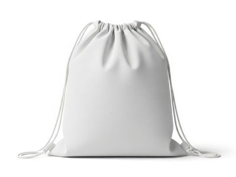 Empty white drawstring storage bag standing upright