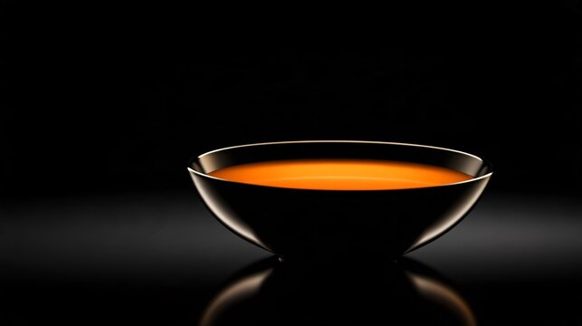 A premium pumpkin soup background featuring a small bowl of intensely orange pumpkin soup on a glossy black reflective surface, subtle reflection beneath the bowl, dramatic spotlight