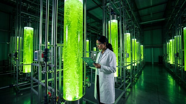 Female scientist inspecting algae biofuel production in a laboratory with glowing green bioreactors