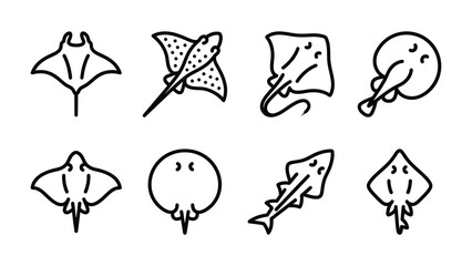 Various Ray Icon Set: A collection of eight simple, clean line art icons showcasing different species of ray, perfect for educational or aquatic-themed designs. © Gfd