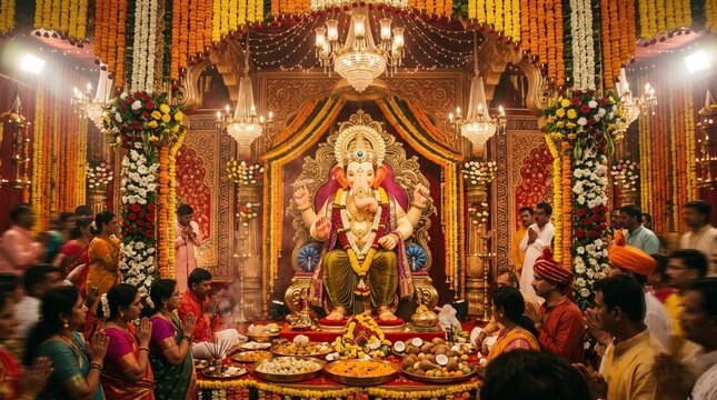 Grand Ganesh Chaturthi Festival Celebration with Lord Ganesha Idol and Devotees