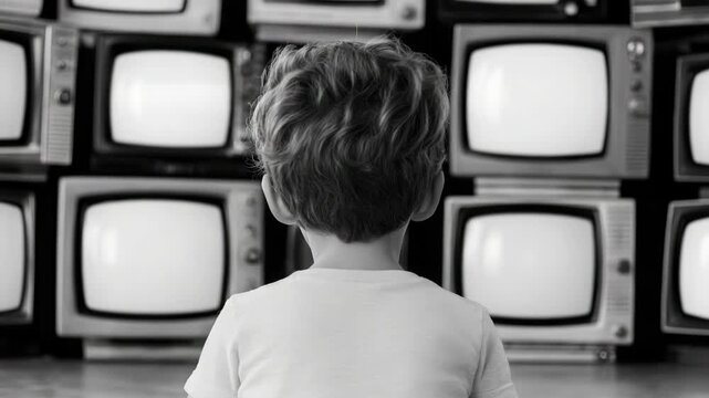 A young child in front of an array of vintage televisions and screens, including older models of CRT monitors