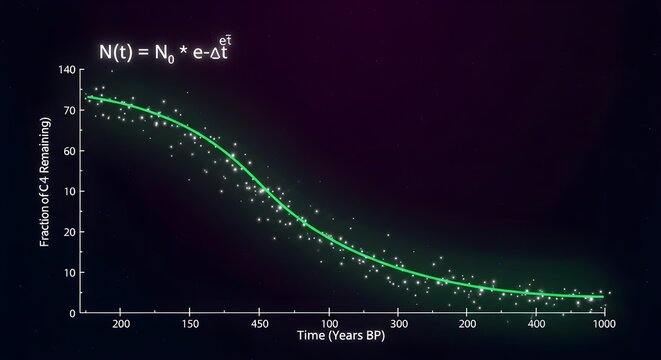 Scatter plot graph of exponential decay data points with trend line and equation annotation
