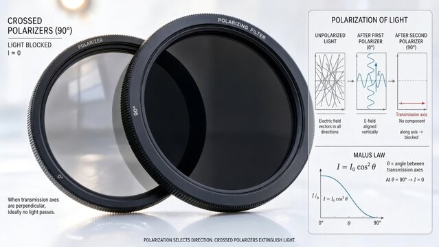 Two optical polarizing filters crossed perpendicularly at ninety degrees blocking light, with a zoomed inset showing wave polarization vectors, electric fields, and malus law calculations.