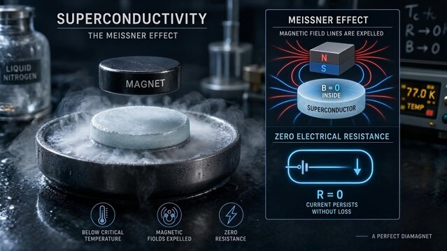 High-temperature superconductor levitating a permanent magnet via the meissner effect, with a zoomed inset displaying complete expulsion of internal magnetic field lines and zero resistance